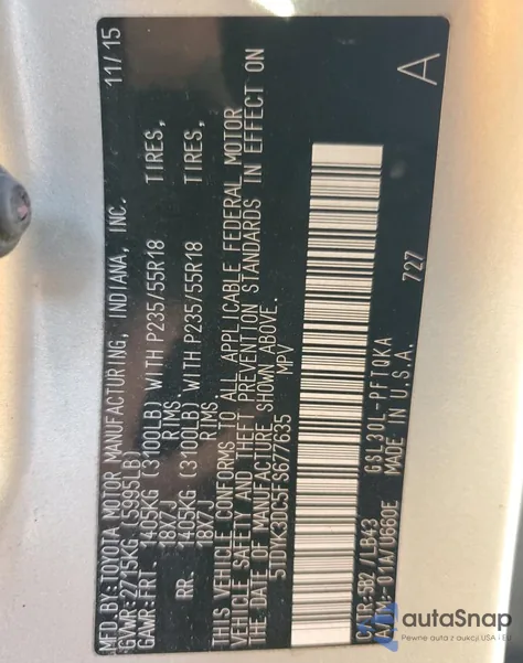 2015 Toyota Sienna Xle из США, поврежденный, VIN 5TDYK3DC5FS677635